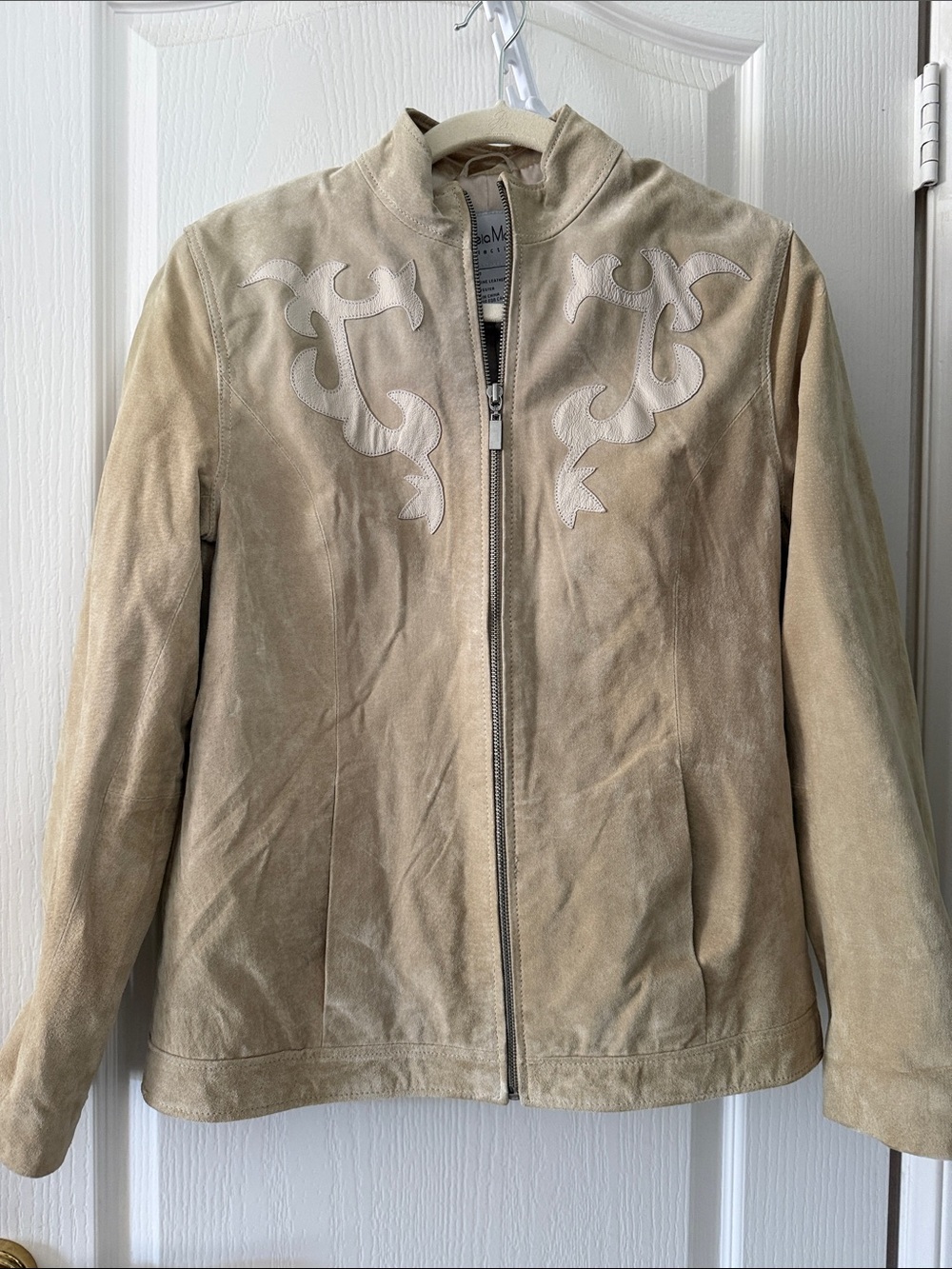 Pamela McCoy Tan Leather Suede Jacket With Appliqué